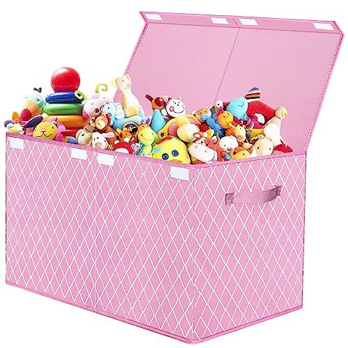 Caja de Juguetes Plegable con Tapa - Cubo de Almacenamiento para Habitación Infantil (62X 33X 41cm, Rosa)