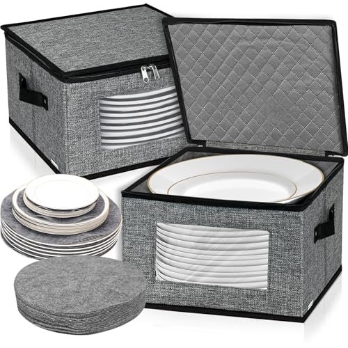 VERONLY Cajas de almacenamiento para vajilla de porcelana con tapa y asas, 12 separadores de fieltro, 30,5 x 30,5 x 20,3 cm